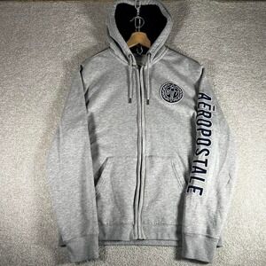 Y2K men's Aeropostale grey stitched zip up hoodie with sleeve hit Size L